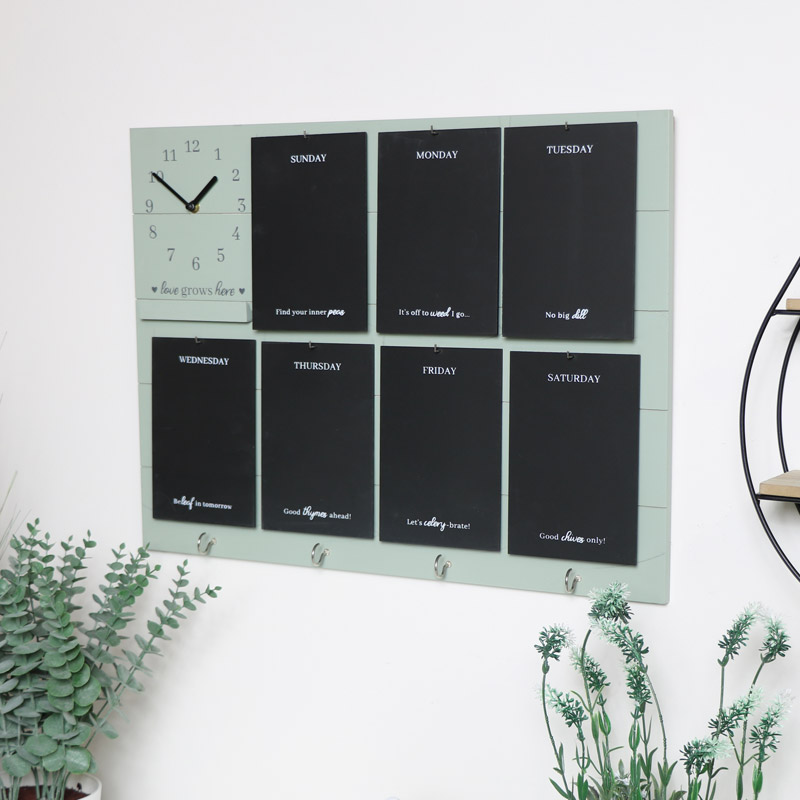 Green Wooden Memo Board with Clock & key hooks