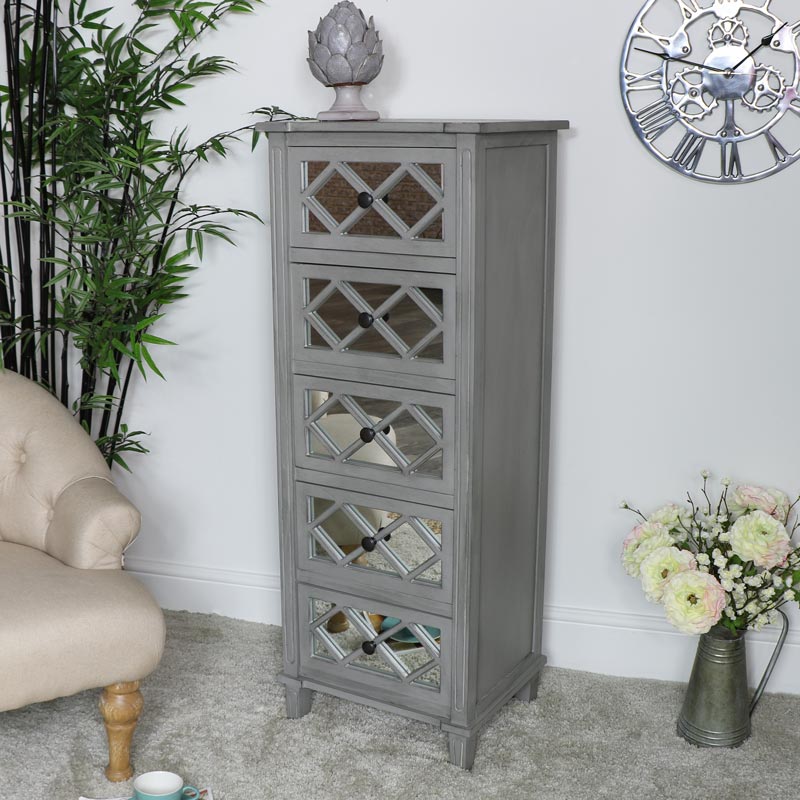 Grey Mirrored Tallboy Chest of Drawers - Vienna Range DAMAGED SECOND 3265