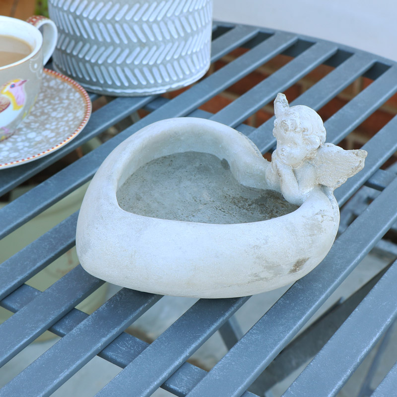 Grey Stone Cherub Heart Bird Bath