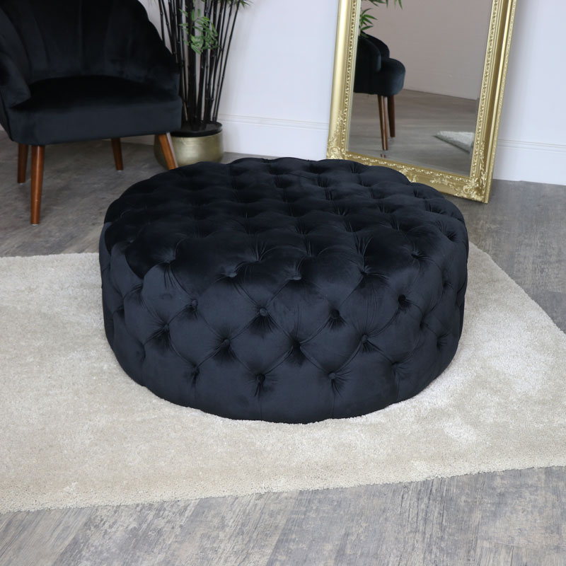 Large Black Velvet Round Buttoned Pouffe Stool