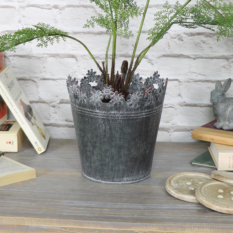 Large Ornate Grey Metal Planter