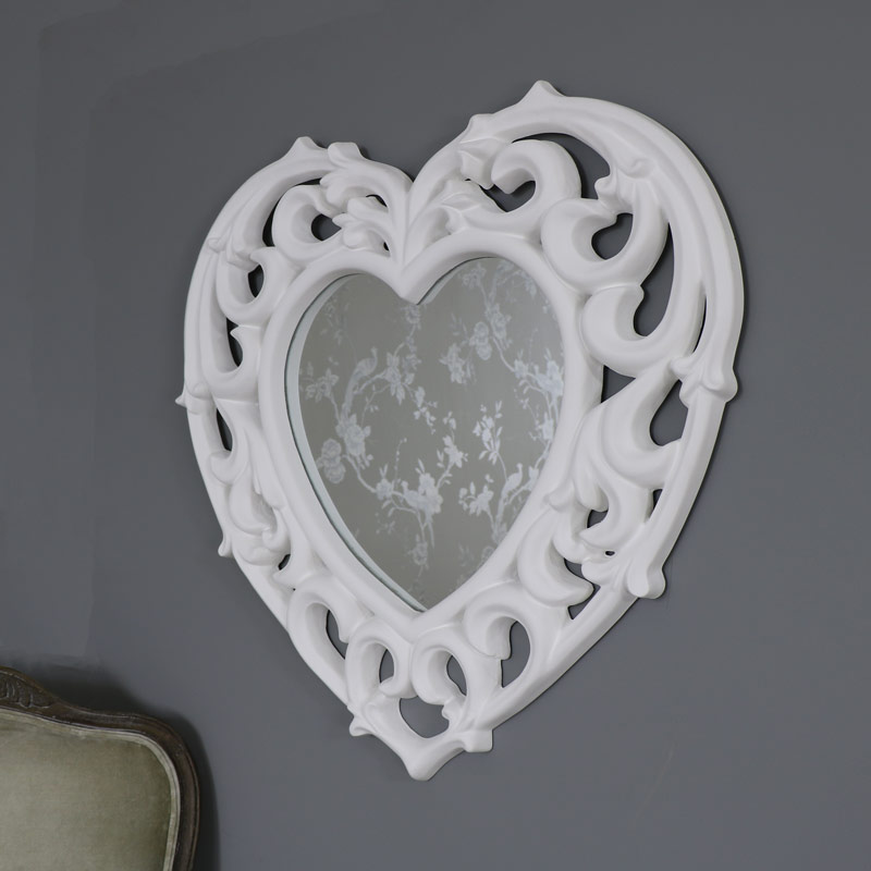 Large Ornate White Filigree Heart Wall Mirror 73cm x 76cm