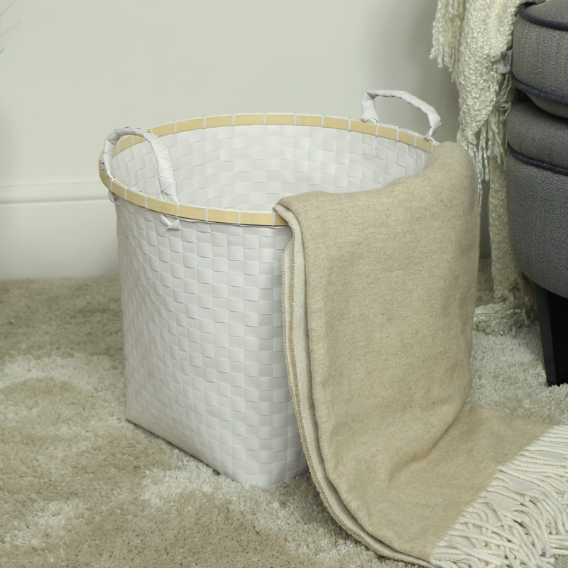 Large White Woven Laundry Basket