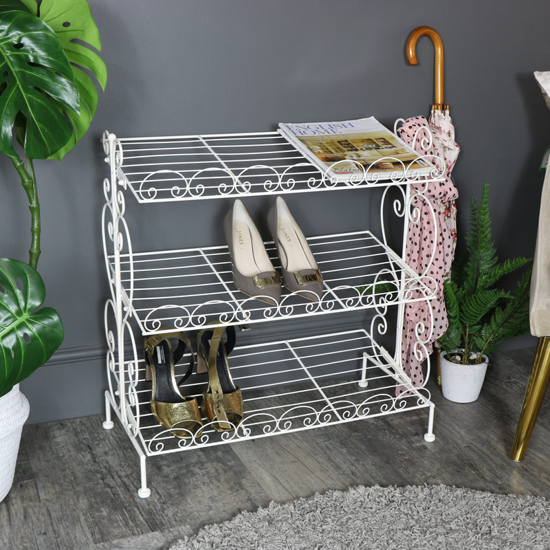 Vintage White Metal Shoe Rack Storage Shelves