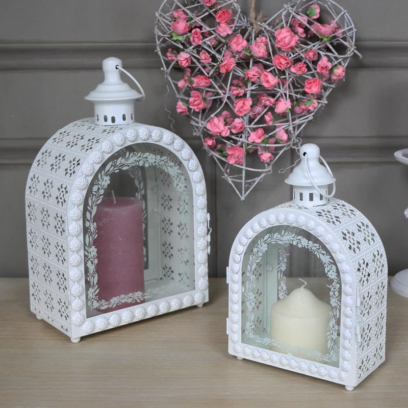 Pair of Ornate White Arched Candle Lanterns