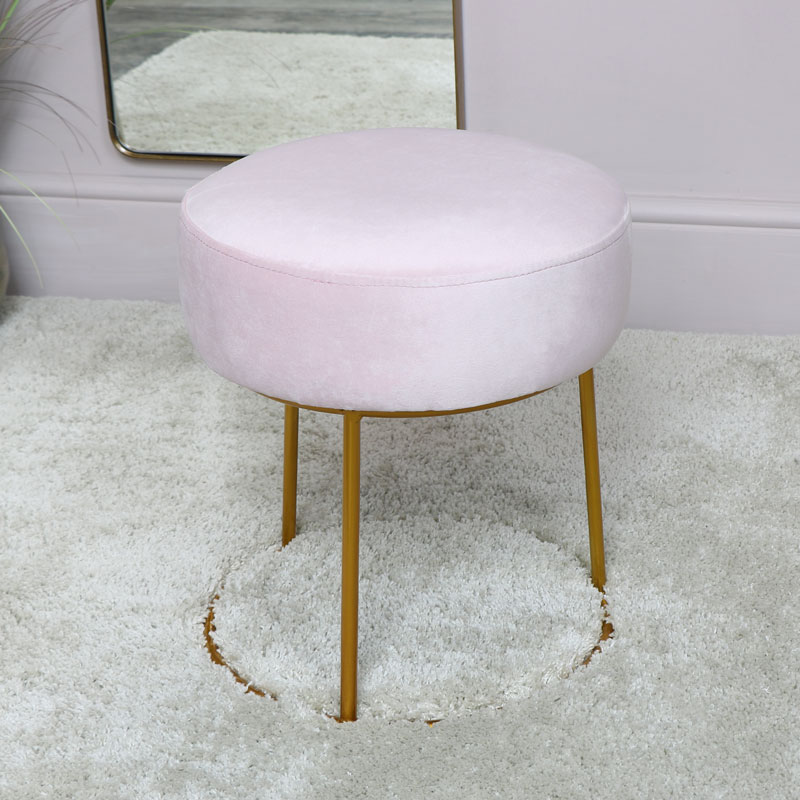 Pink Velvet Stool with Round Gold Base