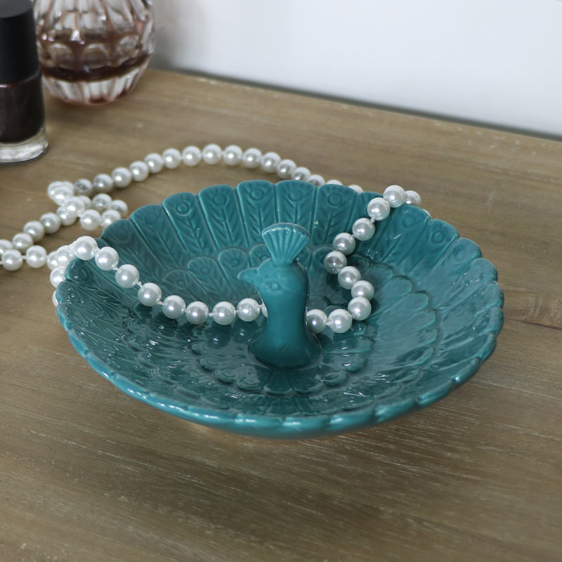 Pretty Teal Peacock Trinket Dish