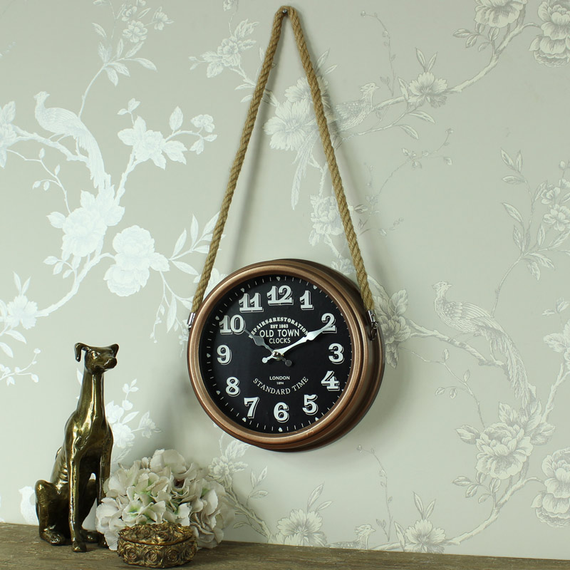 Round Copper Wall Clock on Rope Hanger