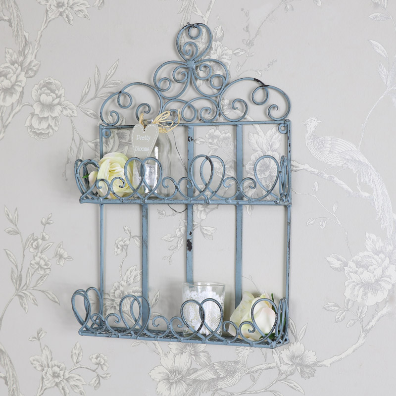 Rustic Blue Ornate Metal Wall Shelf