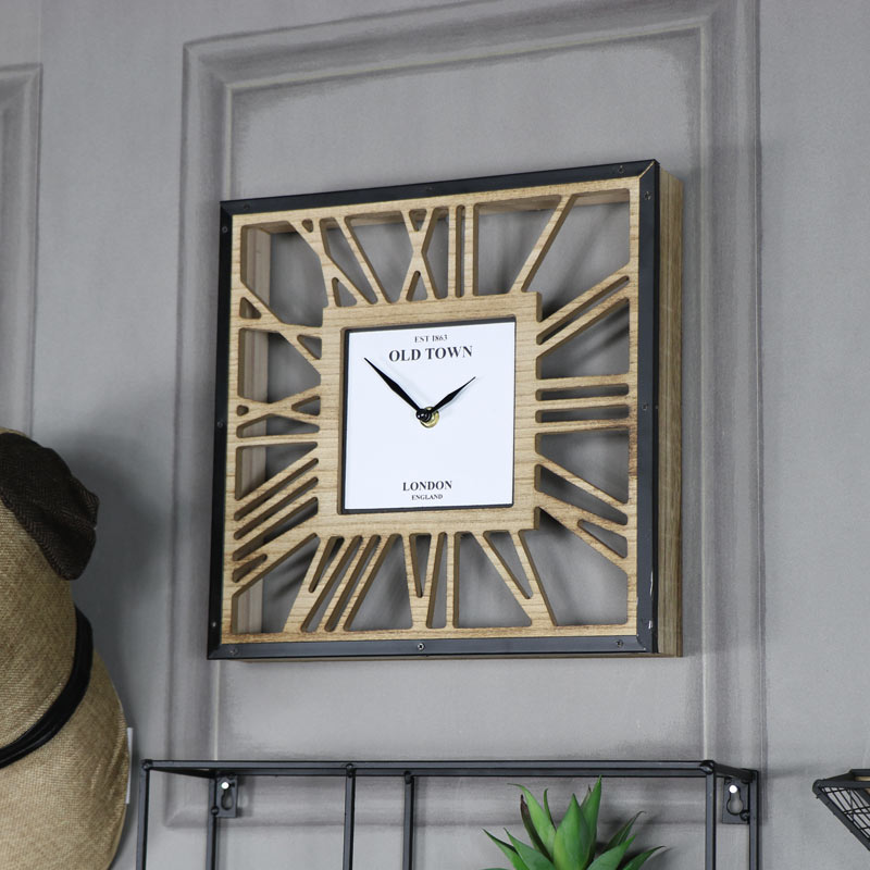 Rustic Square Wooden Wall Clock