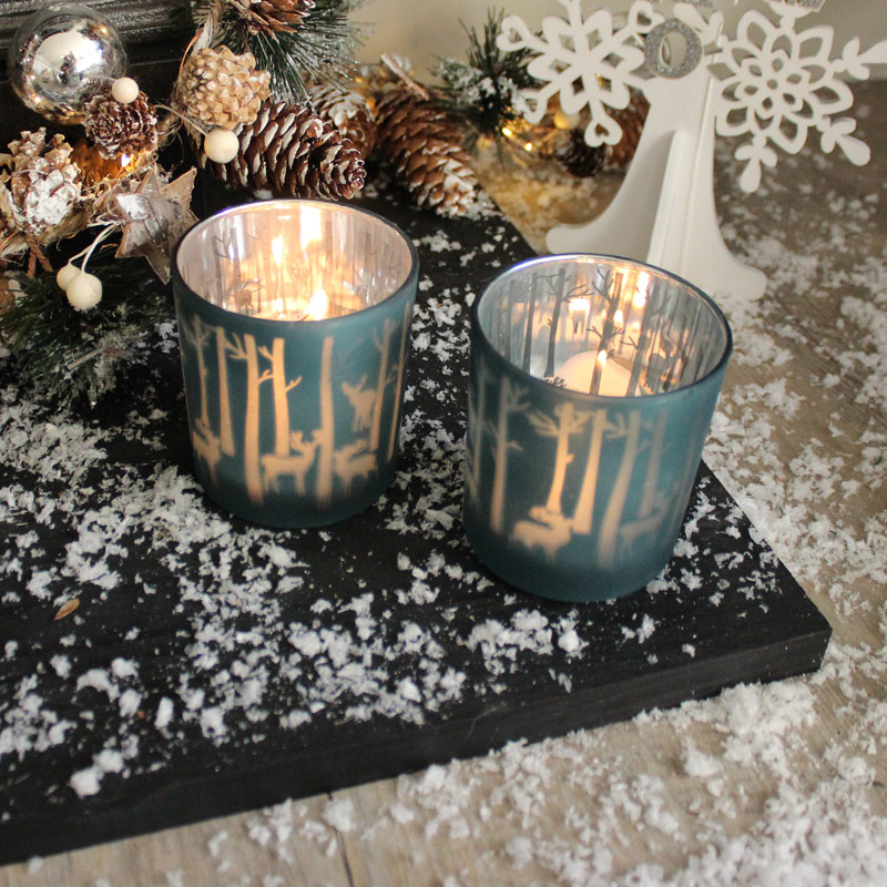 Set of 2 Blue Glass Reindeer Tealight Holders