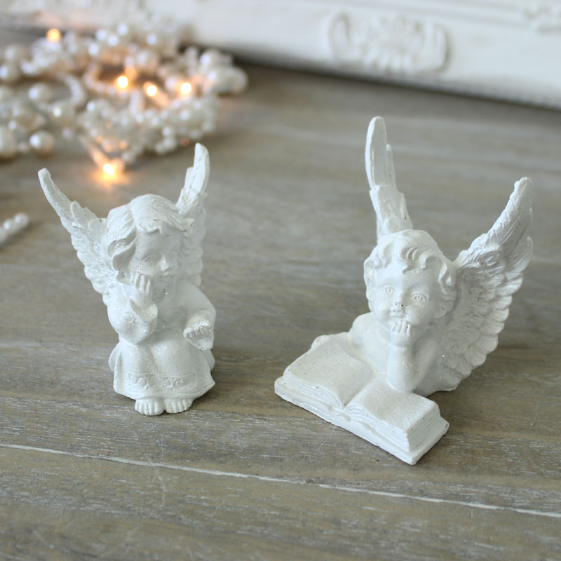 Pair of White Glitter Cherubs