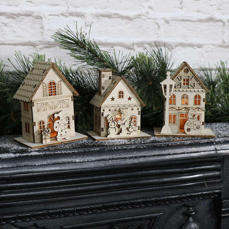 Set Of 3 Small Wooden Light Up Christmas Houses 