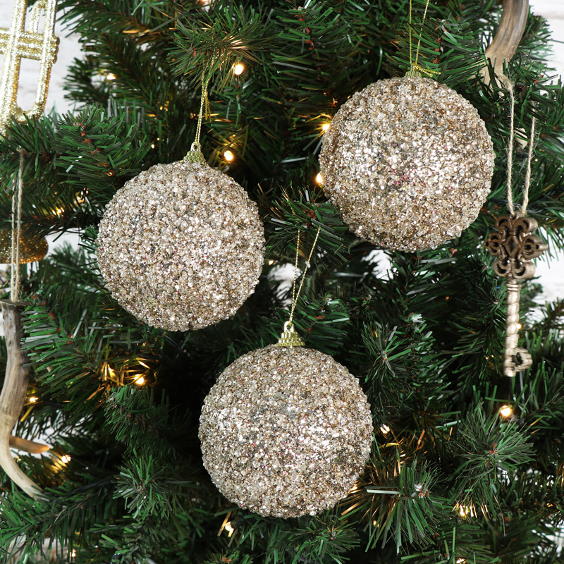 Set of 6 Large Gold Glittery Christmas Baubles