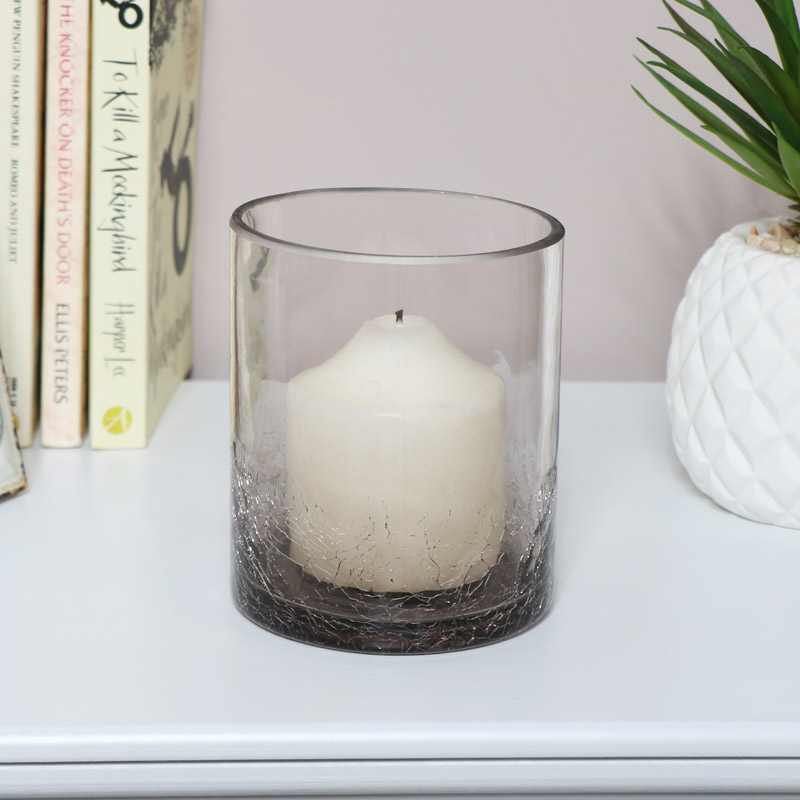 Smoked Grey Crackle Glazed Glass Candle Holder