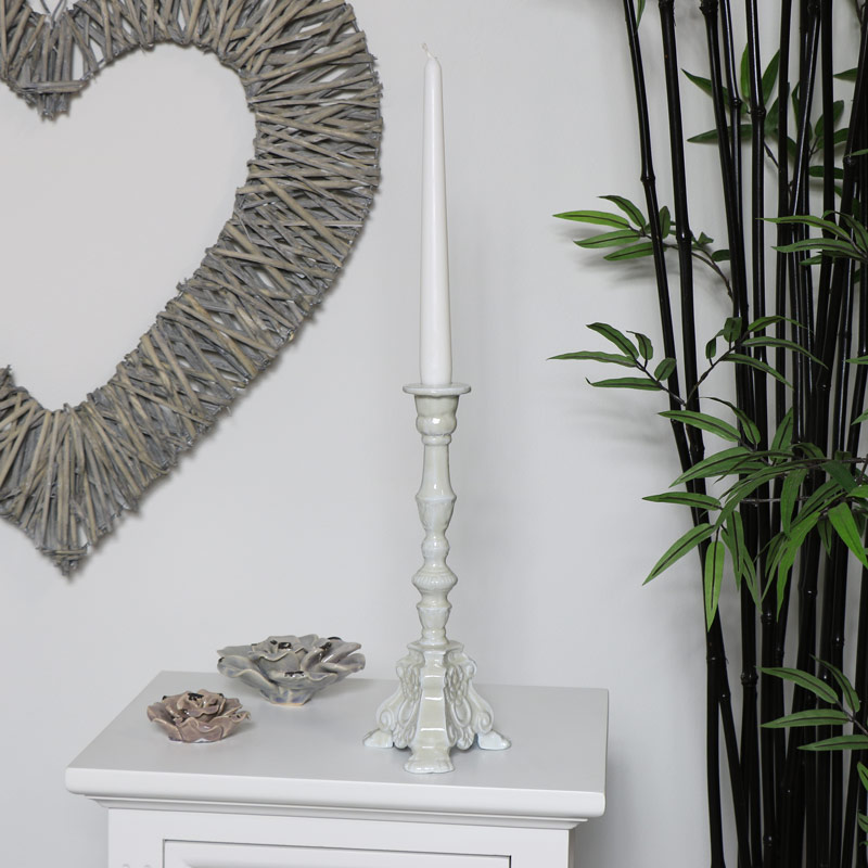 Tall Ornate Grey Embossed Candlestick