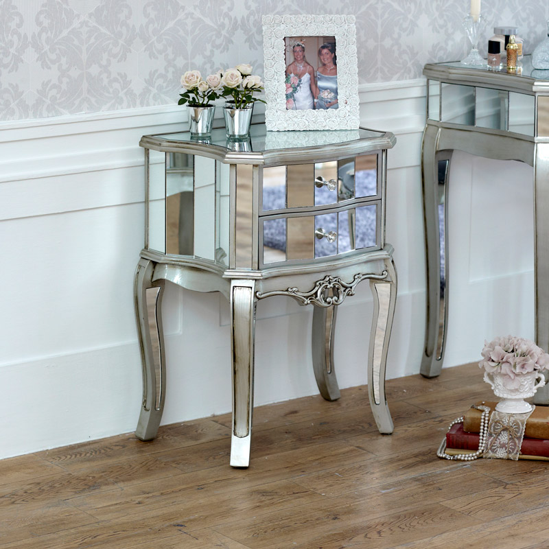 Mirrored bedside cabinet lamp table bedroom furniture venetian silver