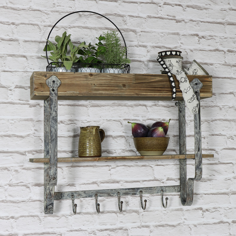 Wall Mounted Wooden Wall Shelf with 5 Hooks