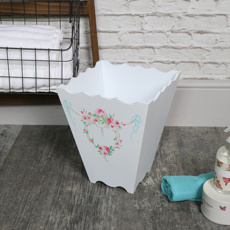 White Wooden Floral Waste Paper Bin