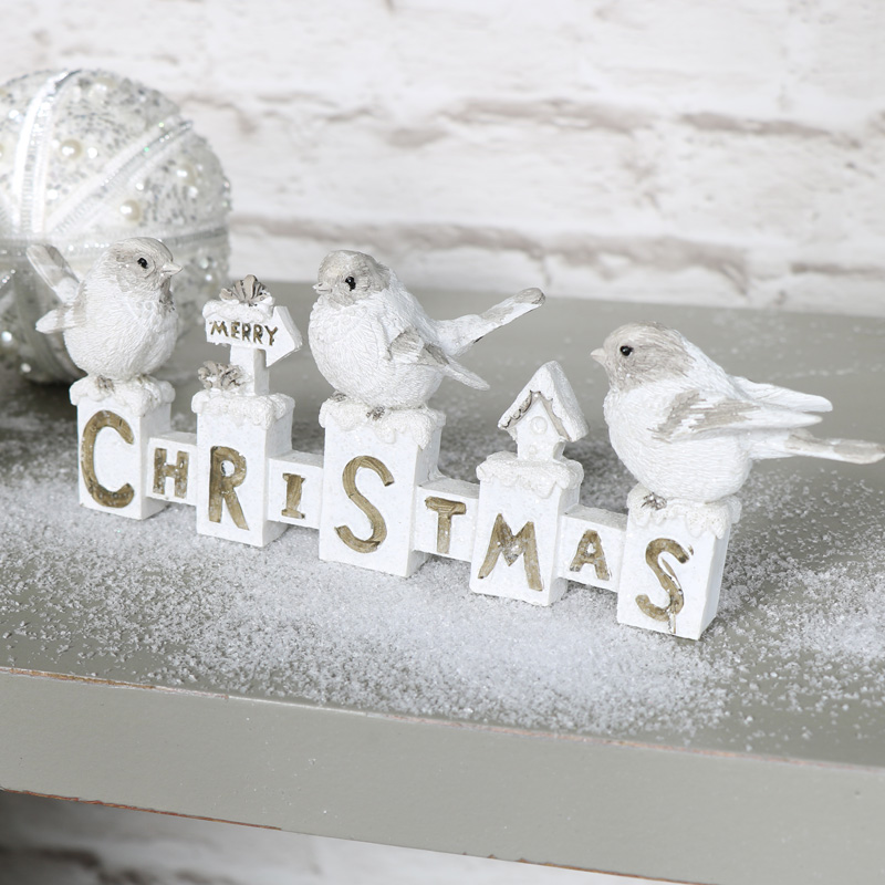 White Merry Christmas Sign With Robins 