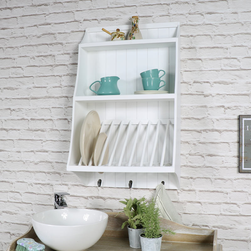 White Wall Mounted Wooden Plate Rack with Hooks