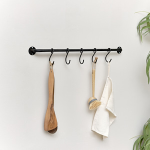 Black Industrial Wall Mounted Rail with 5 Storage Hooks