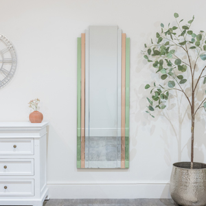Large Frameless Pink & Green Glass Art Deco Wall Mirror