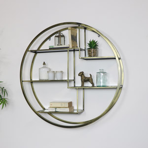 Large Round Antique Brass Mirrored Multi Shelf Unit