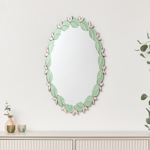 Pink & Green Oval Floral Art Deco Wall Mirror 80cm x 49cm