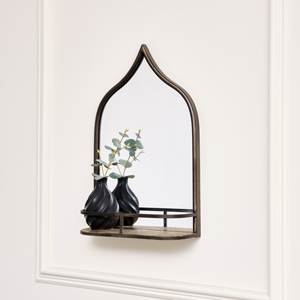 Rustic Metal Arched Mirrored With Gold Shelf