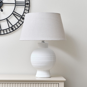 Tall Round White Table Lamp with Cream Linen Shade